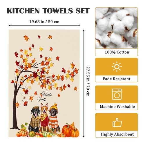 Arquiel 4 Pcs Fall Dogs Kitchen Towel, 100% Cotton Thanksgiving Maple Leaf Dish Towel 27.5"x18.8", Housewarming Gifts Holiday Decorative Tea Towels for Dining Home