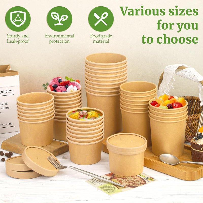 Giwrmu 8 Oz Disposable Paper Soup Cups, 50 Pack Kraft Paper Cups, Soup Containers with Vented Lids, Microwave Safe Party Cups, Eco Friendly Alternative to Plastic Containers