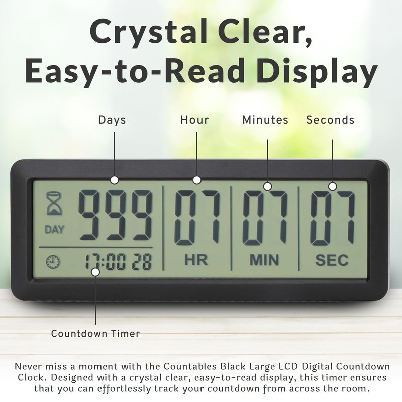 Countables - Large LCD Digital Countdown Clock - Up to 999 Days - Countdown and Retirement Timer, Count Down Clock for Retirement, Big Display Large Digital Timer for All Events (Black)