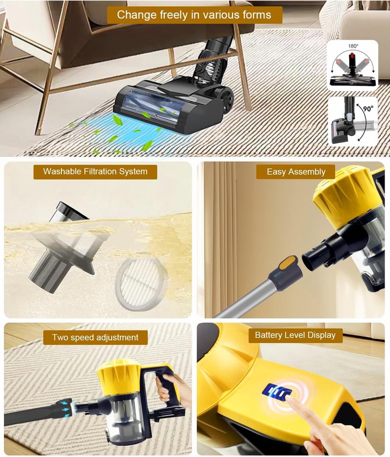 Cordless Vacuum Cleaner for Dewalt 20V Battery, 35KPA Lightweight Stick Vacuum with HEPA & Wall Bracket, 6-in-1 Vacuum Cleaners for Home Carpet Pet Hair Hardwood Floor (No Battery)