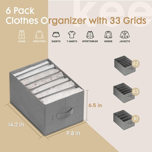 Criusia Large Clothes Organizer - 6 Pack Foldable Fabric Storage with Handles for Wardrobe | Grey