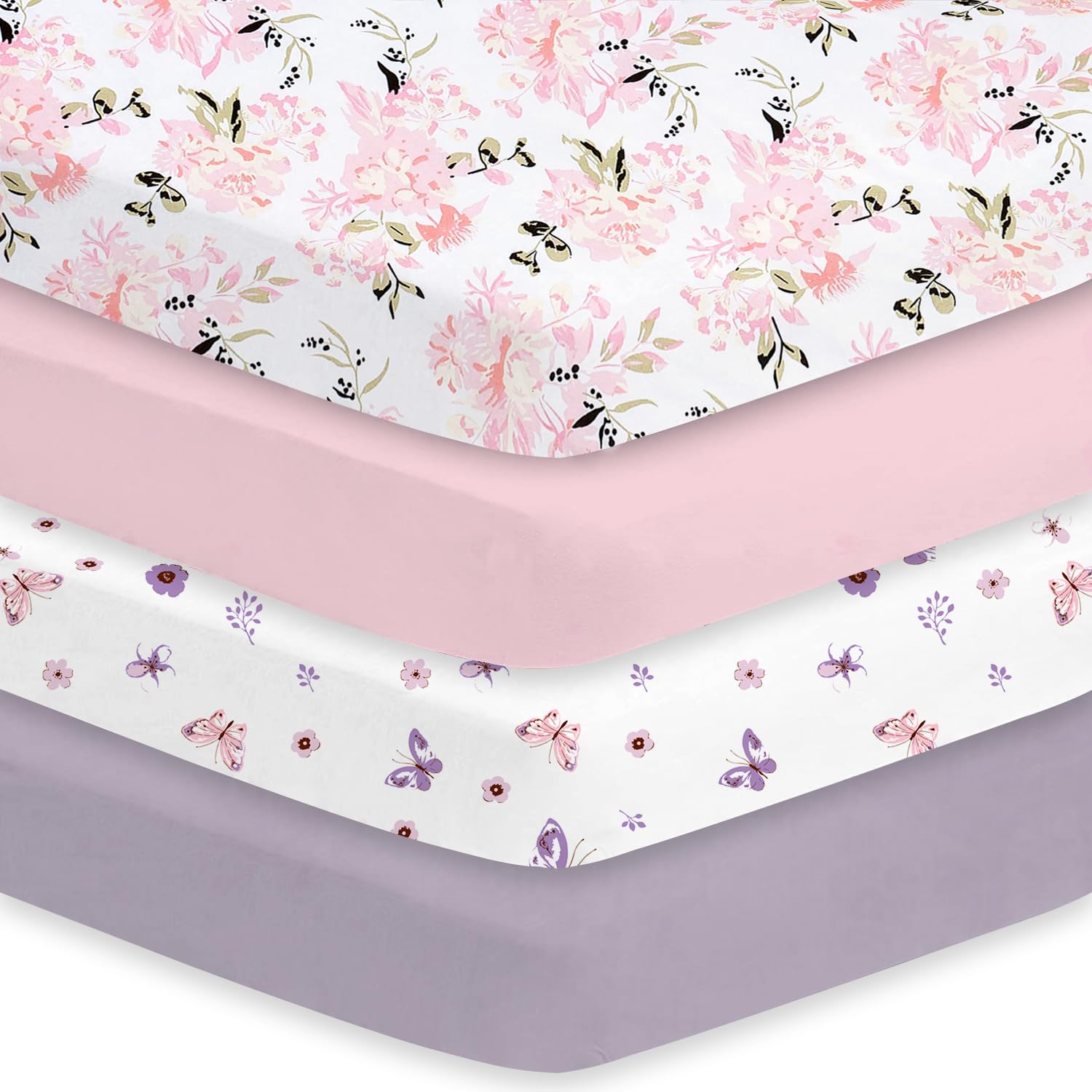 Little Grape Land Crib Sheets Girl 4 Pack, Baby Crib Sheets for Standard Crib & Toddler Mattress, Super Soft Breathable Crib Sheet Set for Girls, Floral & Butterfly