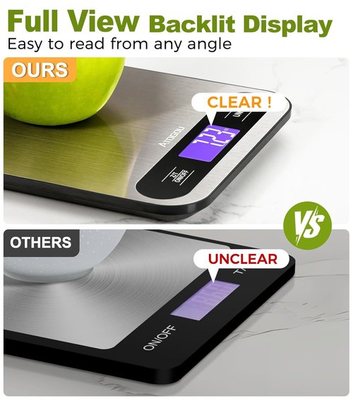 Atogou Digital Kitchen Scale - 33lb/15kg Capacity, Full View LCD Display, Durable Stainless Steel Surface | Black