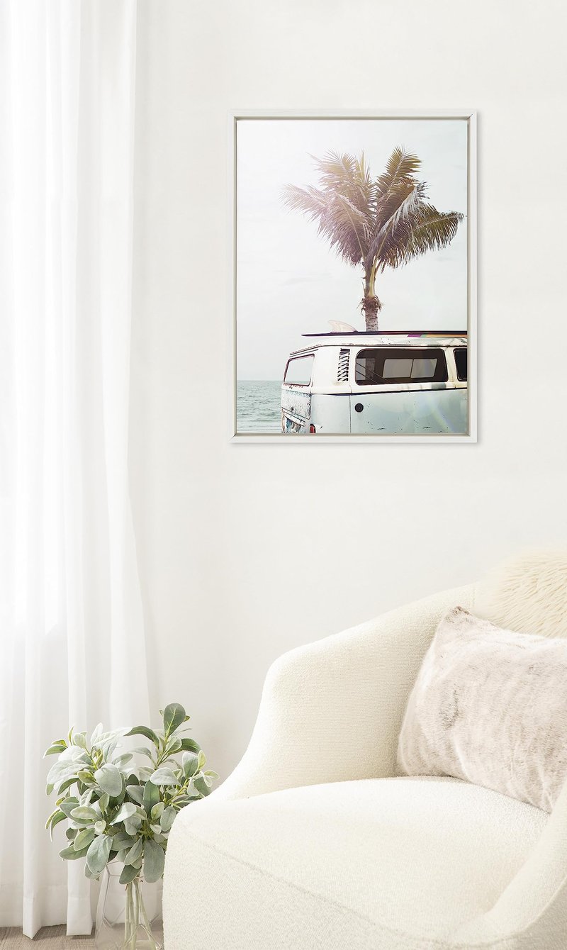 Kate and Laurel Sylvie Blue Beach Van Framed Canvas Wall Art by Amy Peterson Art Studio 18x24 White Soft Coastal Ocean Beach Art for Wall