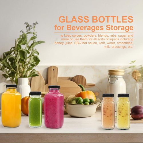 NEWMIAO 12 pack 8 oz Glass Juice Bottles with Lids, Reusable Glass Water Bottles, 250 ml Juice Containers Drinking Jars with Brush, Drink Jars for Milk, Juicing, Kombucha, Ginger