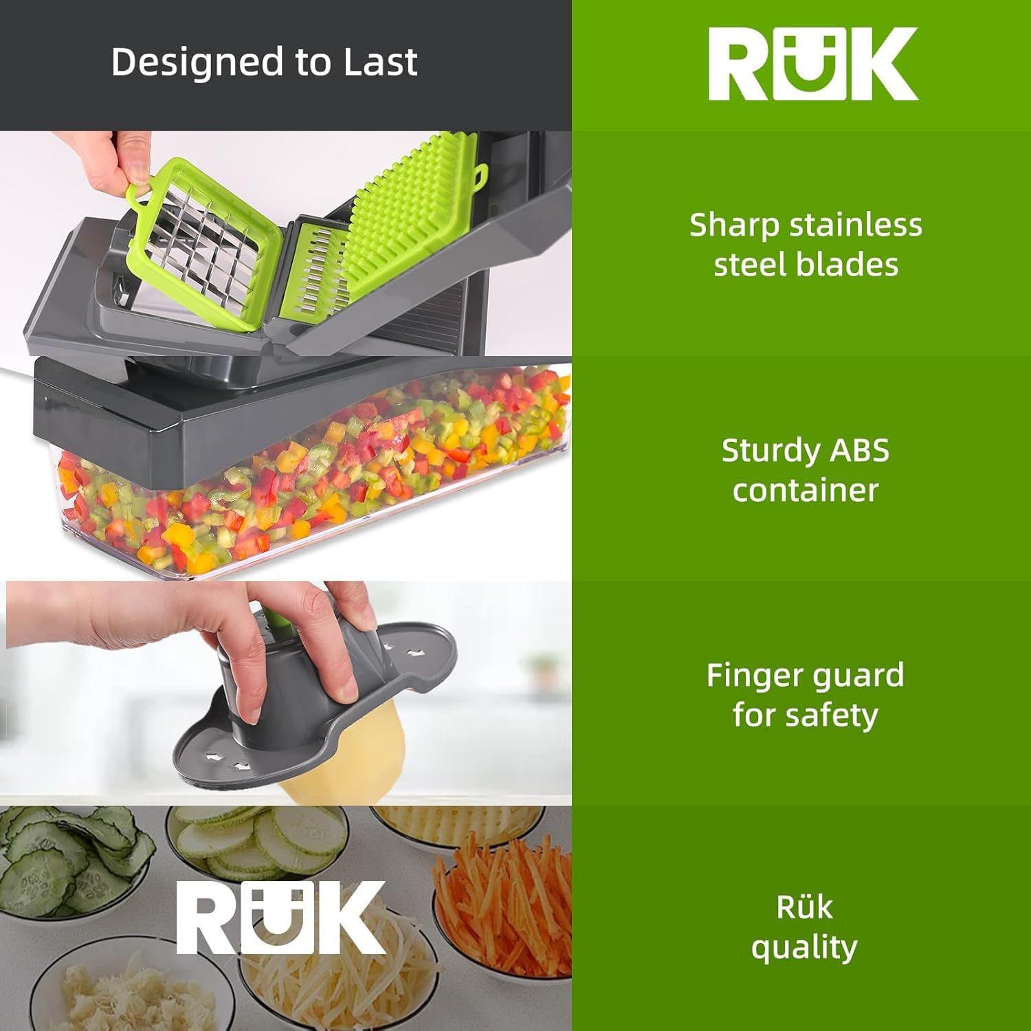 RüK 10-in-1 Vegetable Chopper - Versatile 6 Blade Food Dicer & Grater with Container | Gray Kitchen Gadget