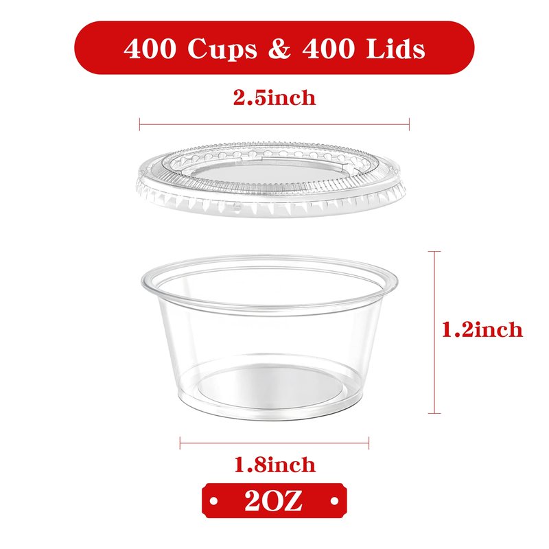 LOYLUX 400 Set 2 oz Jello Shot Cups with Lids, Clear Portion Cups with Lids Bulk, Disposable Condiments Cups for Sauce, Salad Dressing, Meal Prep, Small Plastic Containers to Go