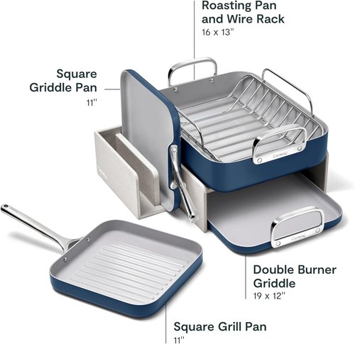 Caraway Square Cookware Set - Non-Stick Ceramic Pans for Griddling & Searing - Navy Color