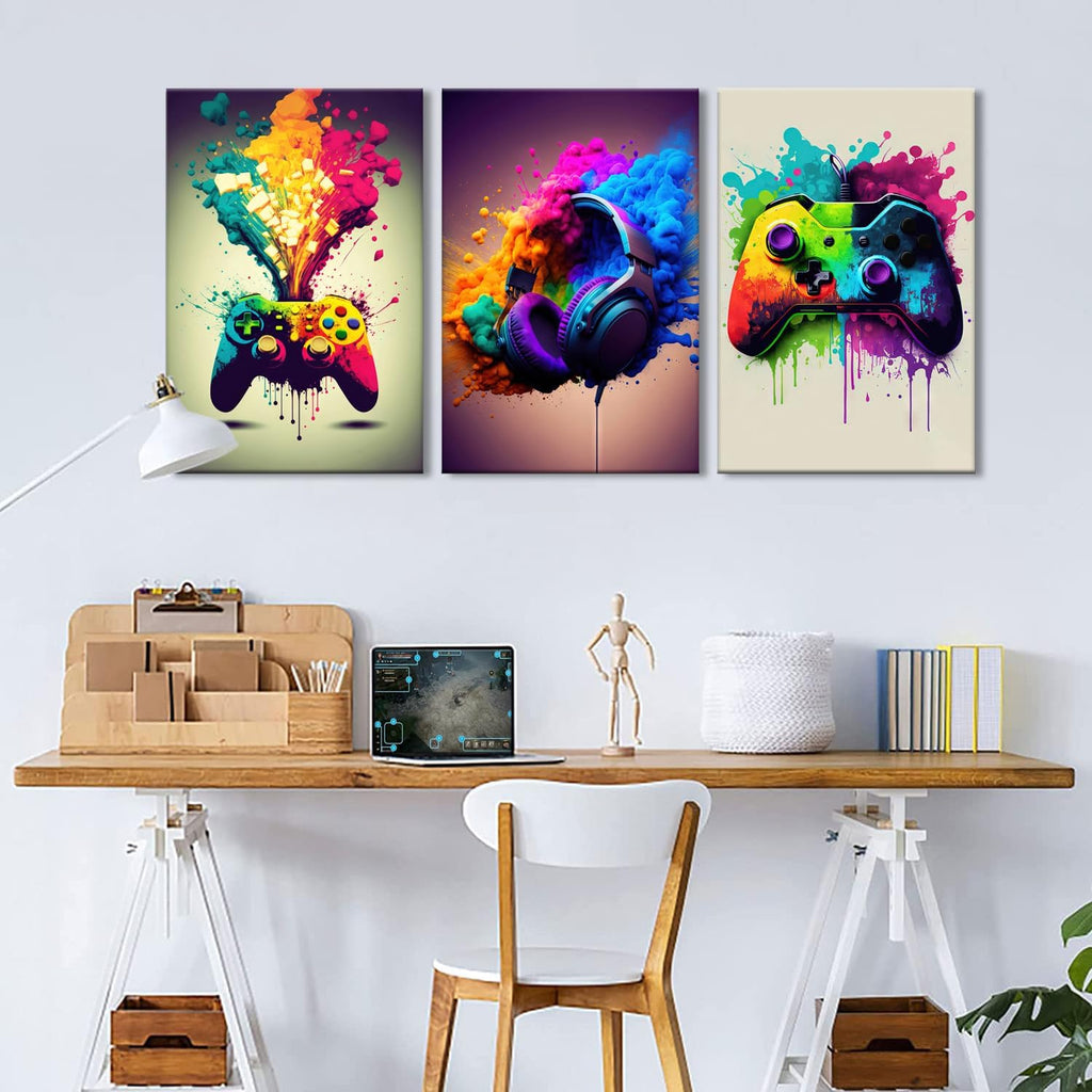 Skiennix Framed 3-Piece Game Room Wall Art - Neon Video Game Graffiti Posters | 12x16 Inch Decor