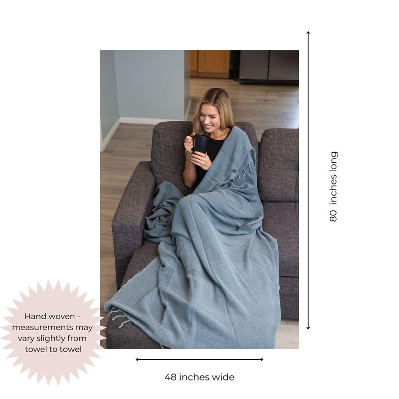InfuseZen Stonewashed Turkish Throw Blanket - 100% Organic Turkish Cotton - 80" x 48" - Soft, Lightweight, Cozy - for Love Seat, Sofa, Picnic, Yoga - Sand Free Absorbent Beach Blanket - Denim