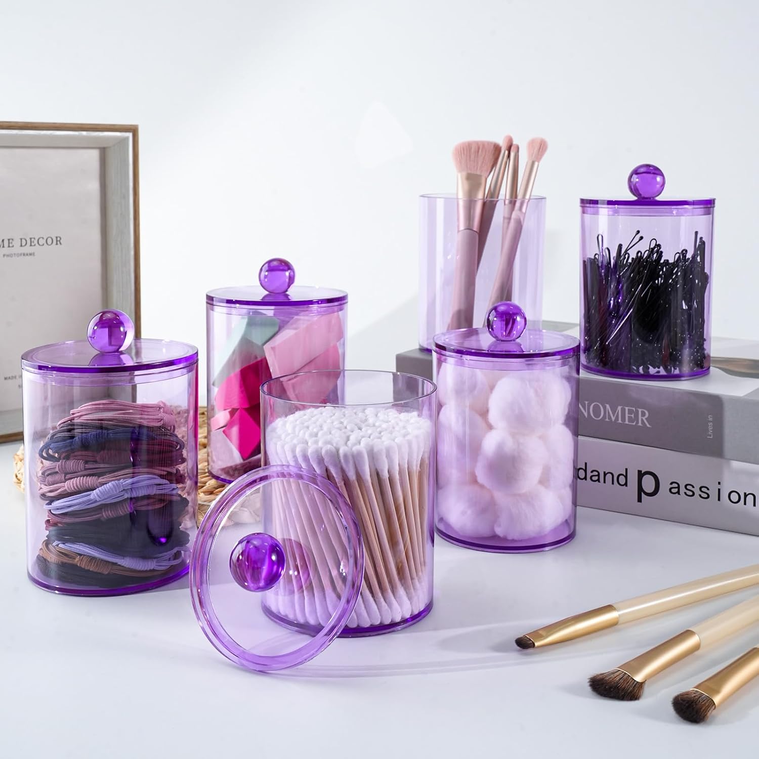 XIPENGKEJI Qtip Holder Set - 6 Pack Apothecary Jars with Lids for Bathroom Organization | 10oz-12oz Purple