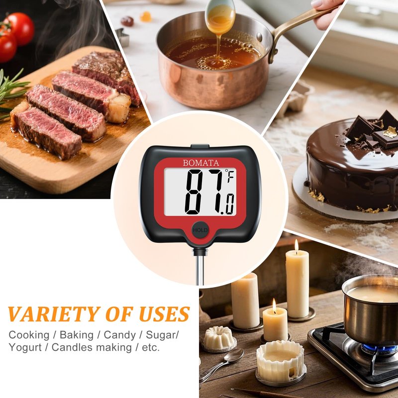 BOMATA Digital Candy Thermometer with Pot Clip, Deep Fry Oil Thermometer with Rotatable Display & Long Probe, for Candy Candle Making, Cooking, Food, Liquids, Water, Sugar.. Black