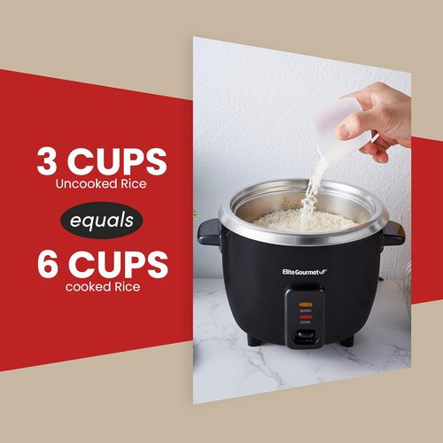 Elite Gourmet Electric Rice Cooker - Automatic Keep Warm Function, 6 Cups Cooked, Black