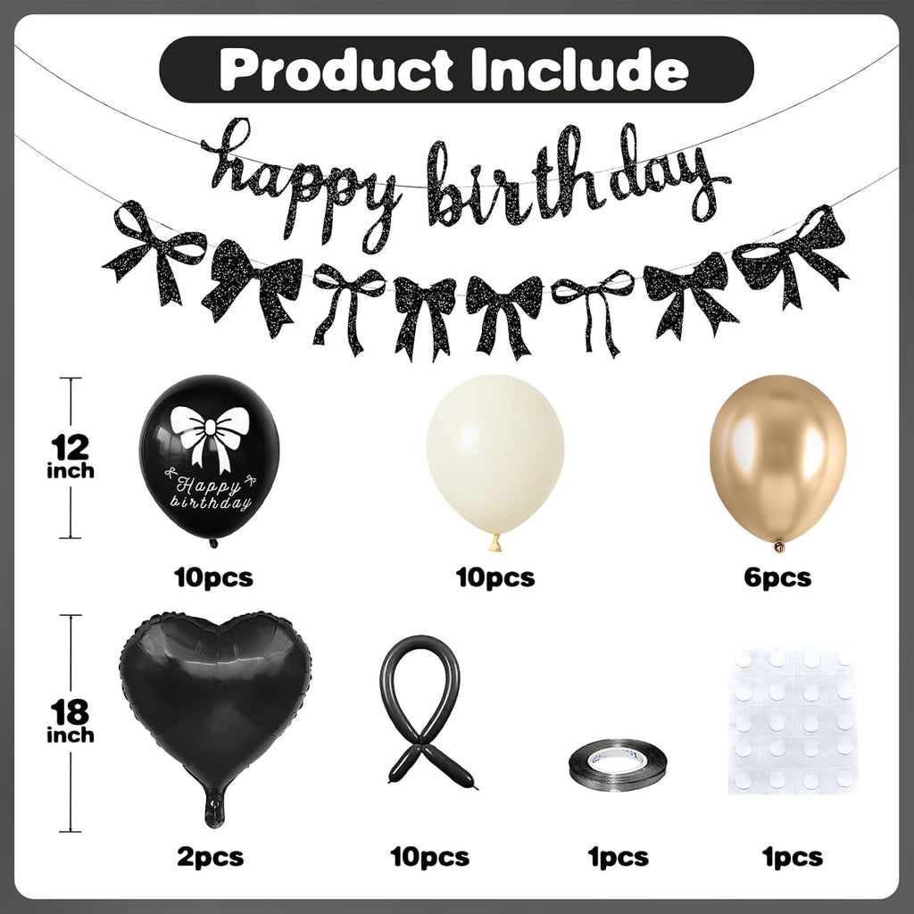 Skiennix Bow Birthday Decorations - Elegant Black & Gold Theme with Happy Birthday Banner & Heart Foil Balloons