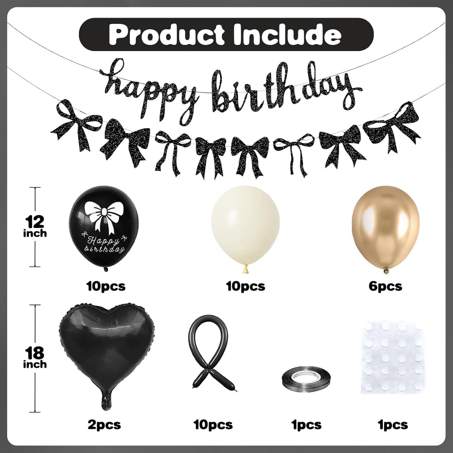 Skiennix Bow Birthday Decorations - Elegant Black & Gold Theme with Happy Birthday Banner & Heart Foil Balloons