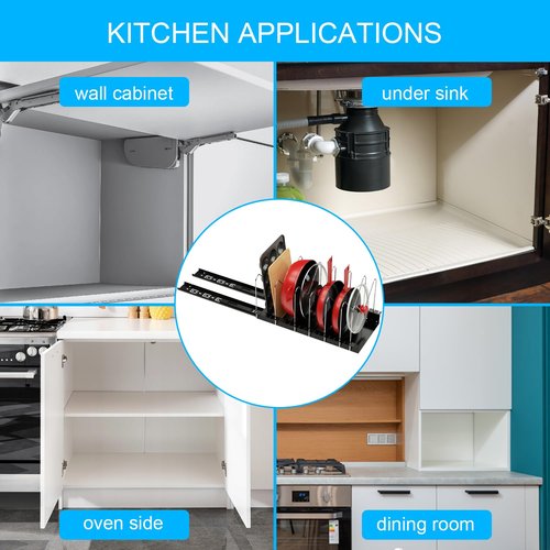 Pull Out Pots and Pans Organizer for Cabinet - Sliding Lid Holder and Pan Rack in Kitchen, Cabinet Pull Out Shelves, Slide Out Cabinet Organizer, Pot Lid, Bakeware and Pan Storage, 16.5"Dx8"Wx7.5"H
