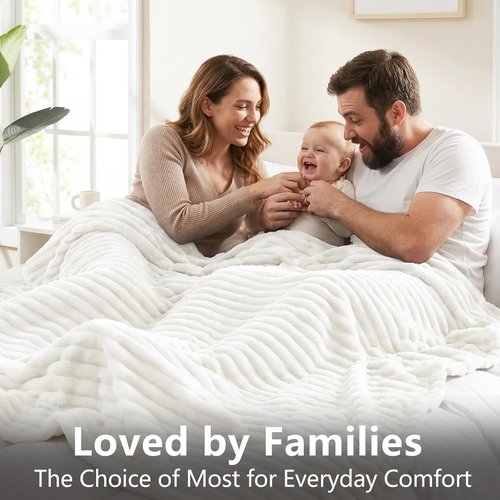 HIMEET Off White Ribbed Queen Size Blanket - 300GSM Lightweight Fleece for Home Decor | 90x90 Inches