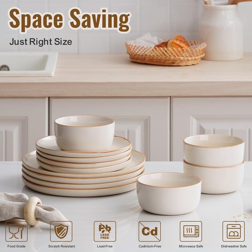 Dafuceramic Dinnerware Sets for 4,Plates and Bowls Sets,Handmade Reactive Glaze Dishes Set,Chip and Scratch Resistant Dishwasher Microwave Safe (Mocha White)