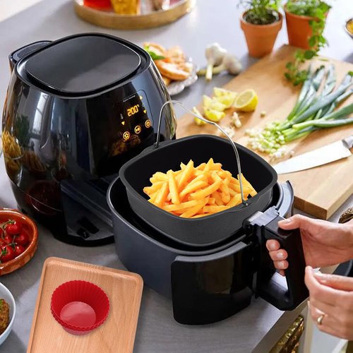 BSDLZCH 8inch Air Fryer Cake Pan, Non-stick Air Fryer Cake Barrel Square Deep Baking Pan Pizza Baking Pan for Instant Pot Cake Tray Basket Kitchen Accessorie Set (with 6 muffin cups)
