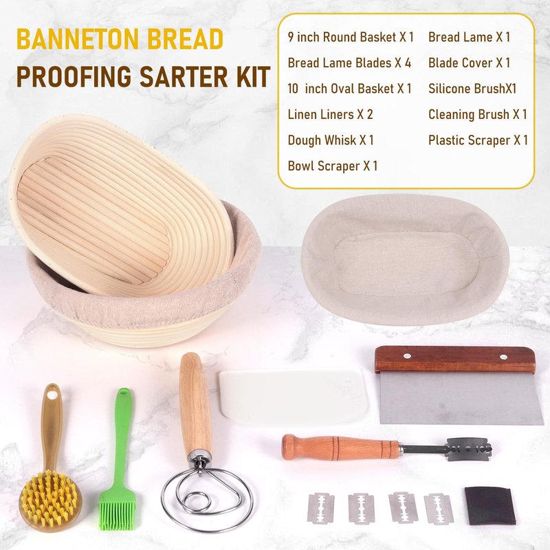 Banneton Proofing Basket Set, 9" Round and 10" Oval Sourdough Bread Baking Supplies, Sourdough Baskets with Bread Lame, Danish Whish, Bowl Scraper, Sourdough Scraper, Complete Sourdough Starter Kit