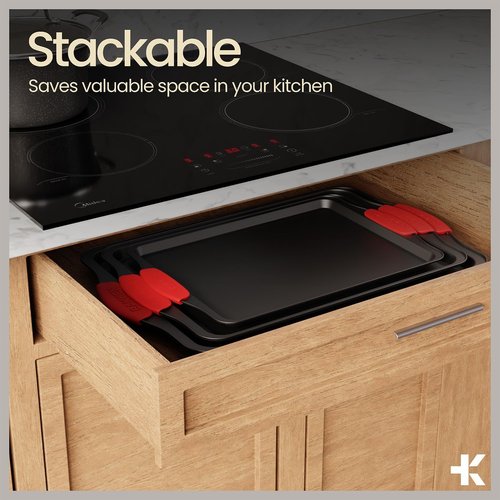 Bakken 10-Piece Baking Set | Deluxe Non-Stick Bakeware with Red Silicone Handles - Carbon Steel
