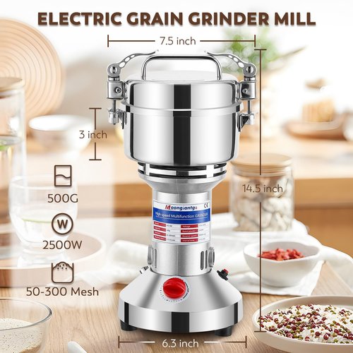 Moongiantgo 500g Grain Grinder Mill Electric Spice Grinder 2500W High-speed Grinding Machine 50-300 Mesh Stainless Steel 110V Pulverizer Dry Grinder (Timer Switch)