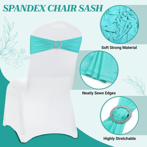 MDS Premium Spandex Chair Sashes - Stretchy Bow Covers with Buckle Slider | 100 Pack - Aqua Blue