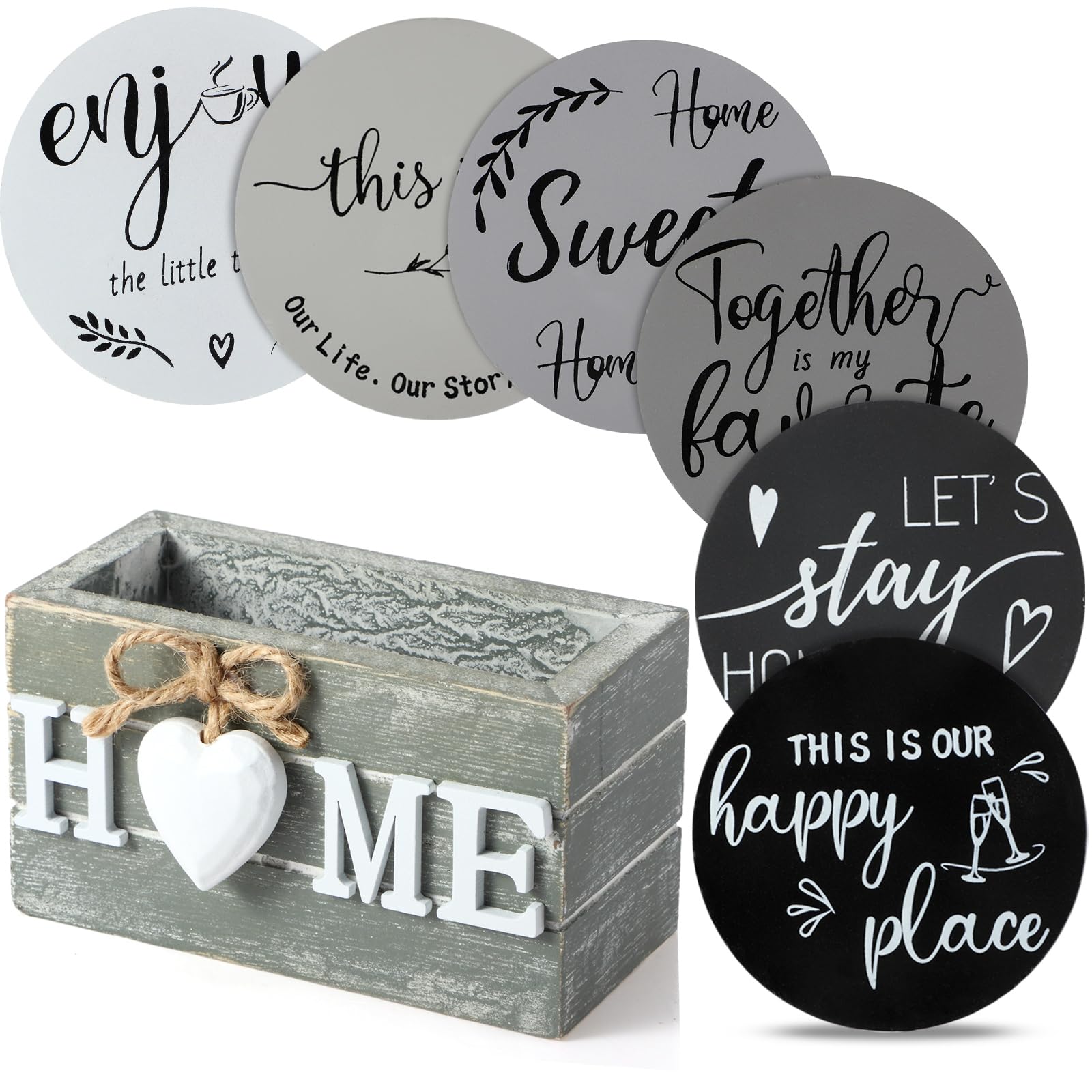 Queekay Coasters Set of 6 House Warming Gifts New Home Wooden Farmhouse Drink Coasters with Holder 4'' Funny Decoration for Kitchen Family Coffee Bar Tabletop Protection(Gray)