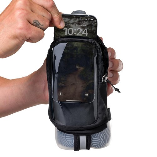 Nathan SpeedDraw 2 Insulated Handheld Running Water Bottle Flask 18oz – Double-Wall Insulation, Ergonomic Grip, Blast Valve Cap, Phone & Key Storage Pockets, Reflective Design