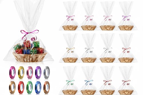Jetec 12 Pack Empty Gift Baskets to Fill, Oval Baskets for Gifts Empty Food Storage Bin with 10 Rolls Colorful Ribbon and 30 Clear Bags for Wedding Birthday Christmas, 9 x 6 x 2.25 Inch