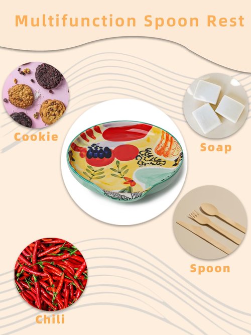 Colorful Hand Painted Spoon Rest 5 Inches Ceramic Spoon Holder for Kitchen Counter Stove Top, Dishwasher Safe, Multicolor (Set of 2)