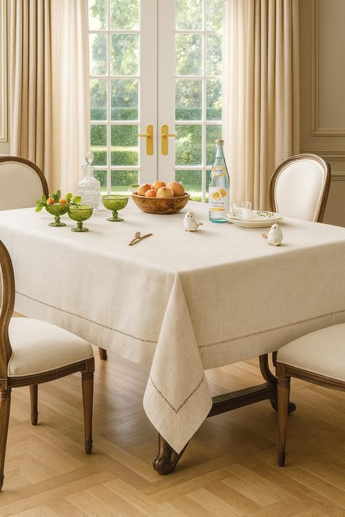 Fennco Styles Handmade Hemstitch Design Natural Tablecloth. One Piece (80" Square)