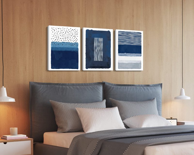 Creoate Blue Canvas Wall Art 3 Pieces - Abstract Blue White Painting Framed Print for Living Room Bedroom Decor Navy 16x24 Inch
