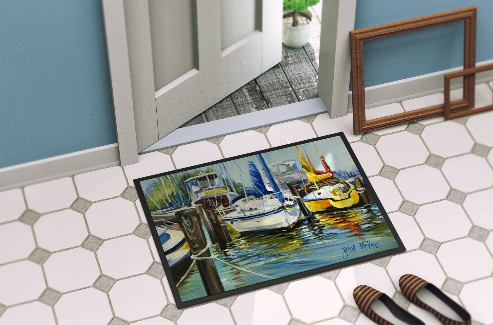 Caroline's Treasures JMK1085JMAT Yellow Boat II Sailboat Doormat 24x36 Front Door Mat Indoor Outdoor Rugs for Entryway, Non Slip Washable Low Pile, 24H X 36W