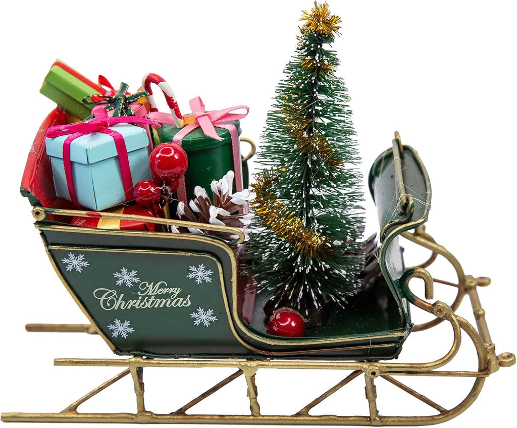 YCHTEWY Red Santa Sleigh Christmas Decor - Rustic Metal Tabletop Holiday Decoration (6.7")