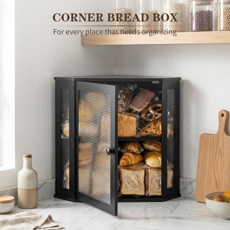NewEle Extra Large Corner Bread Box - Bamboo Bread Box for Kitchen Countertops, Large Capacity Kitchen Bread Storage and Organizer with Corrugated Acrylic Wavy Window (Black)