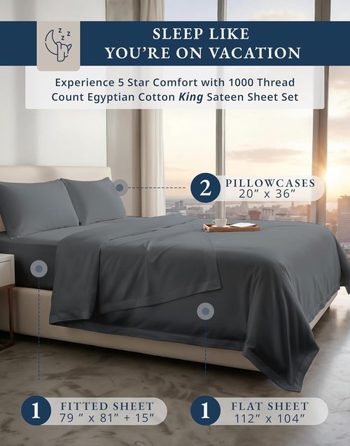 100% Egyptian Cotton King Sheet Set - Premium 1000 Thread Count, Naturally Cooling & Breathable, 15" Deep Pocket Fitted - Charcoal