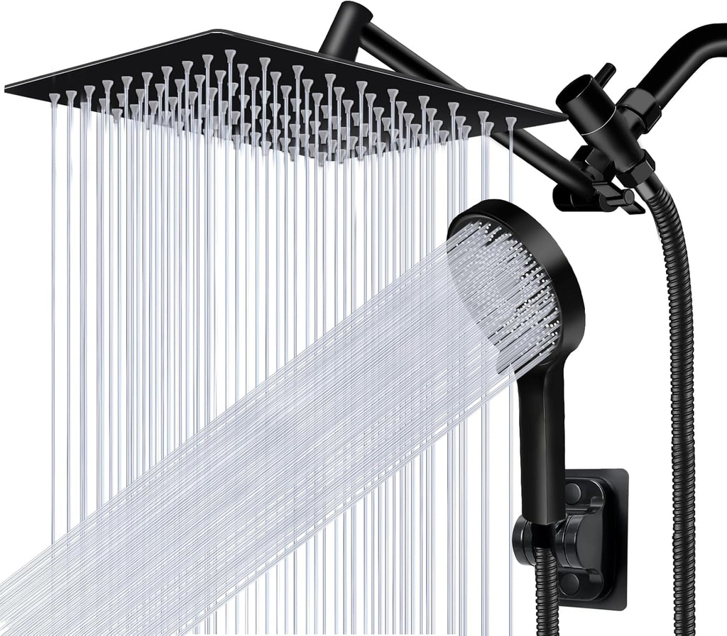Skiennix 10” Rain Shower Head - High Pressure Handheld Spray Combo with Adjustable Arm | Matt Black