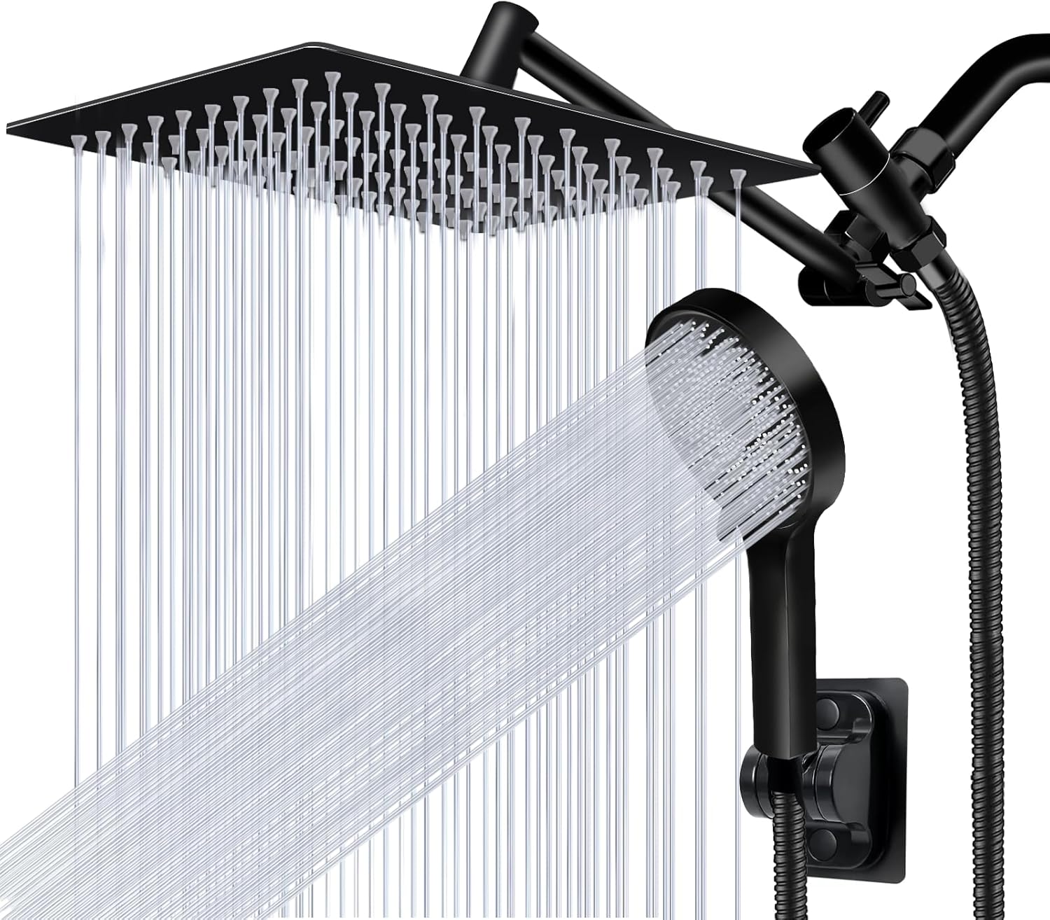 Skiennix 10” Rain Shower Head - High Pressure Handheld Spray Combo with Adjustable Arm | Matt Black