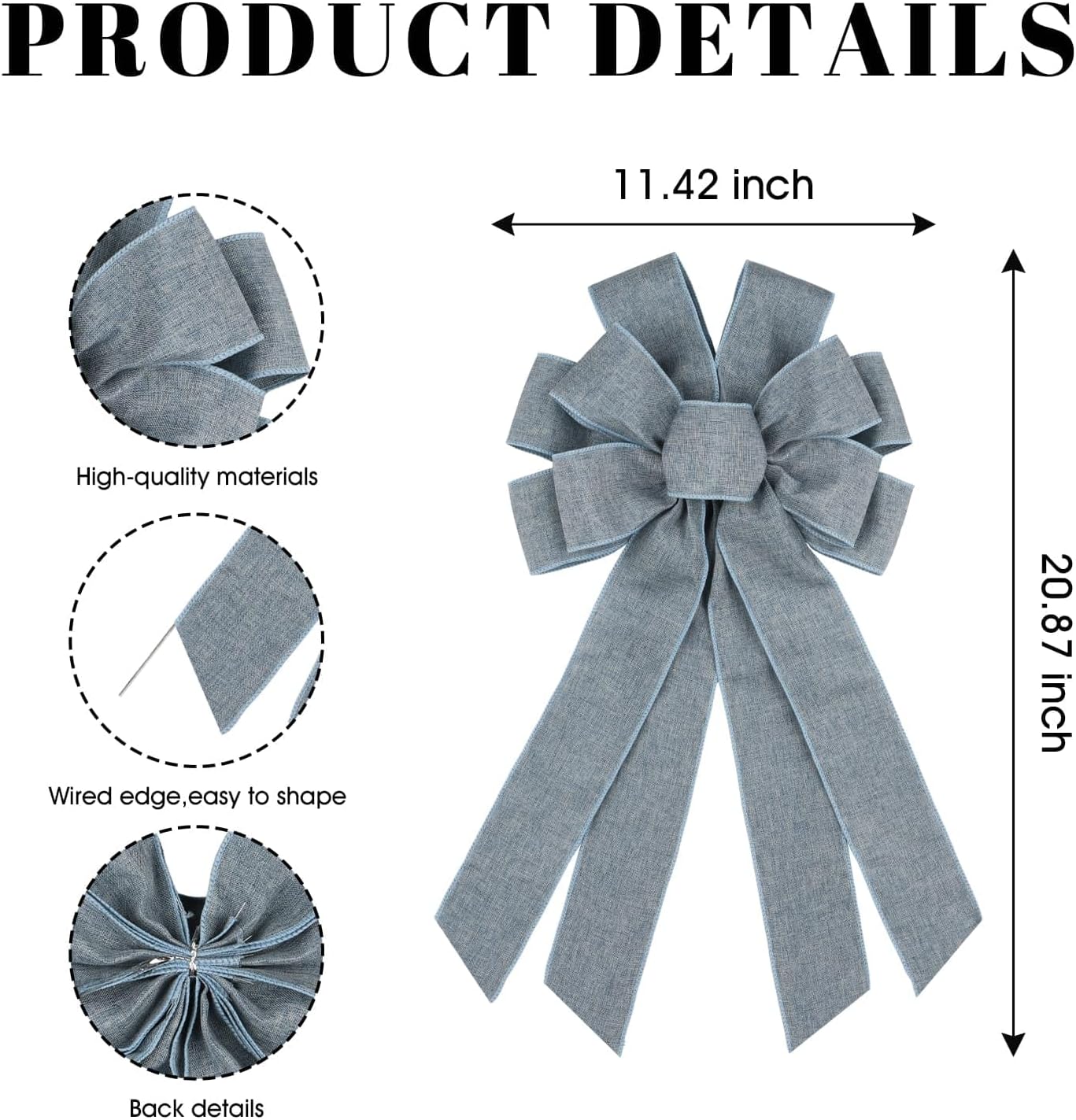 Skiennix Denim Blue Large Bow - 11x21 Inch Wired Ribbon for Wreaths & Spring Decor