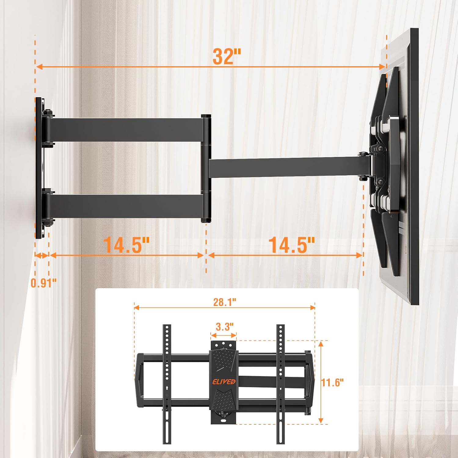 **ELIVED Long Arm TV Mount - Articulating Wall Bracket for 42-75 Inch TVs | 32" Extension, Swivel & Tilt**