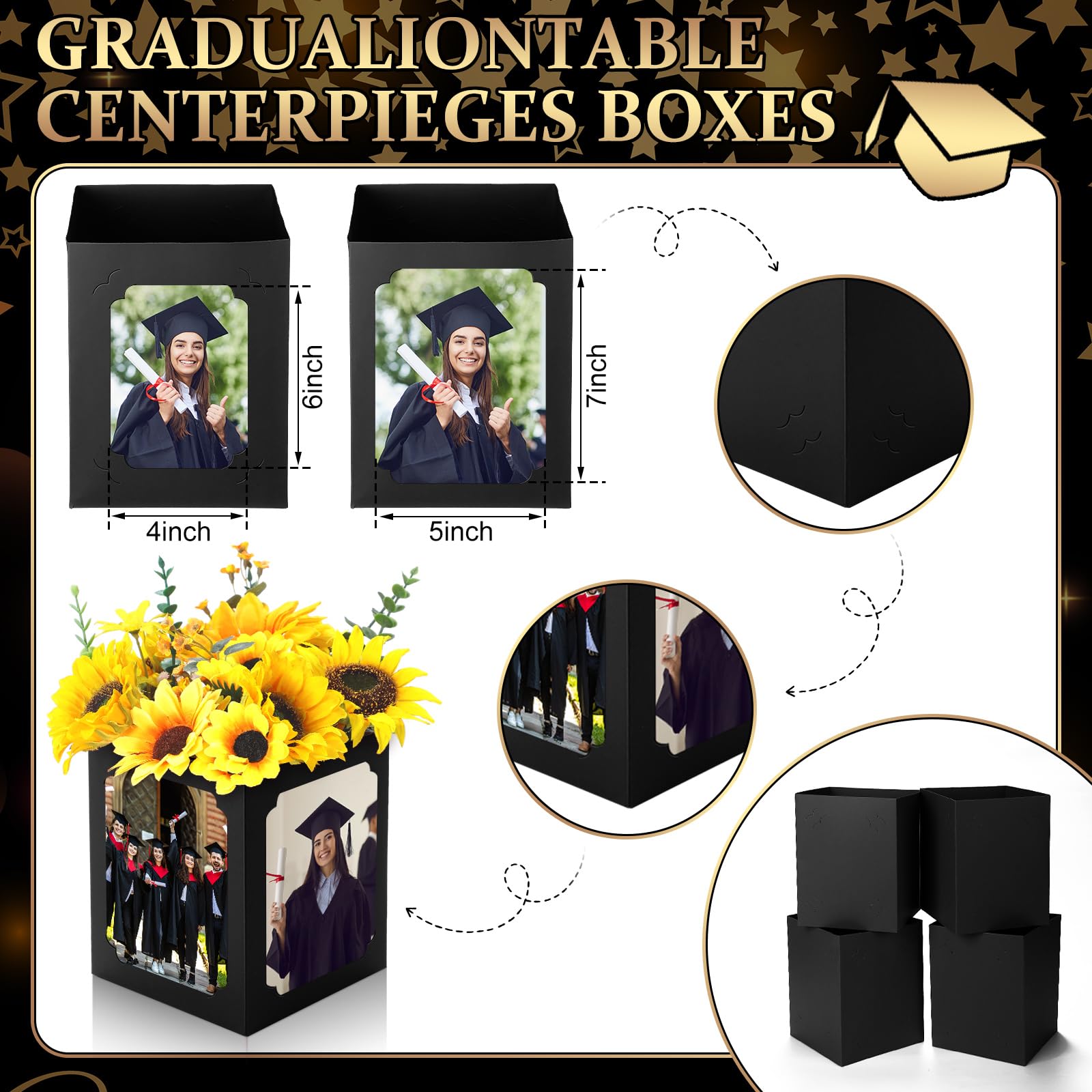Spiareal 12 Pcs Graduation Box Centerpieces for Table 6/7 Inch Photo Display Congrats Grad Party Favor Gift College Picture Box Photo Props Frame for Graduation Table Decoration(Black)