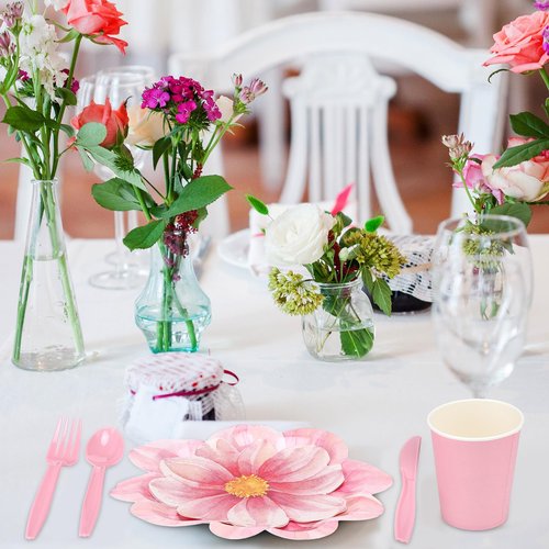 Sieral 144 Pcs Flower Party Supplies Include Disposable Flower Paper Plates Decorative Pink Floral Plates Napkins Cups and Cutlery for Bridal Baby Shower Wedding Birthday Summer Tableware Decoration