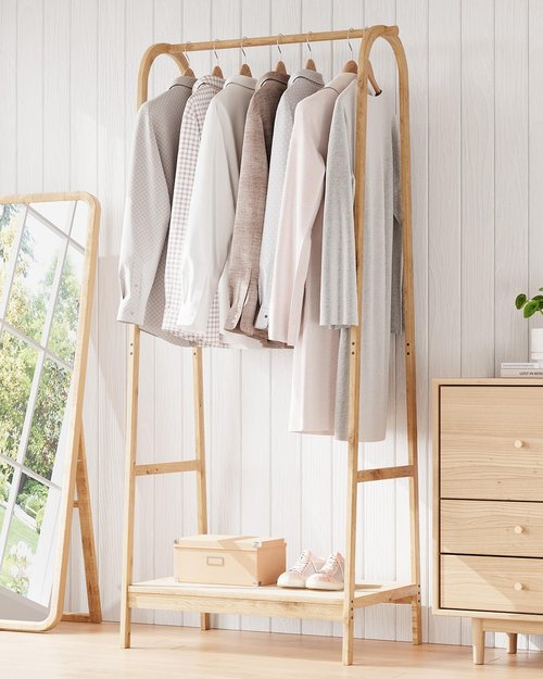 Clothing Rack with Storage Shelf, Bamboo Freestanding Garment Rack for Bedroom, Balcony, Clothes Store, Clothing Storage Organizer, Heavy Duty Clothes Rack for Hanging Clothes, Coats, Skirts, Shoes
