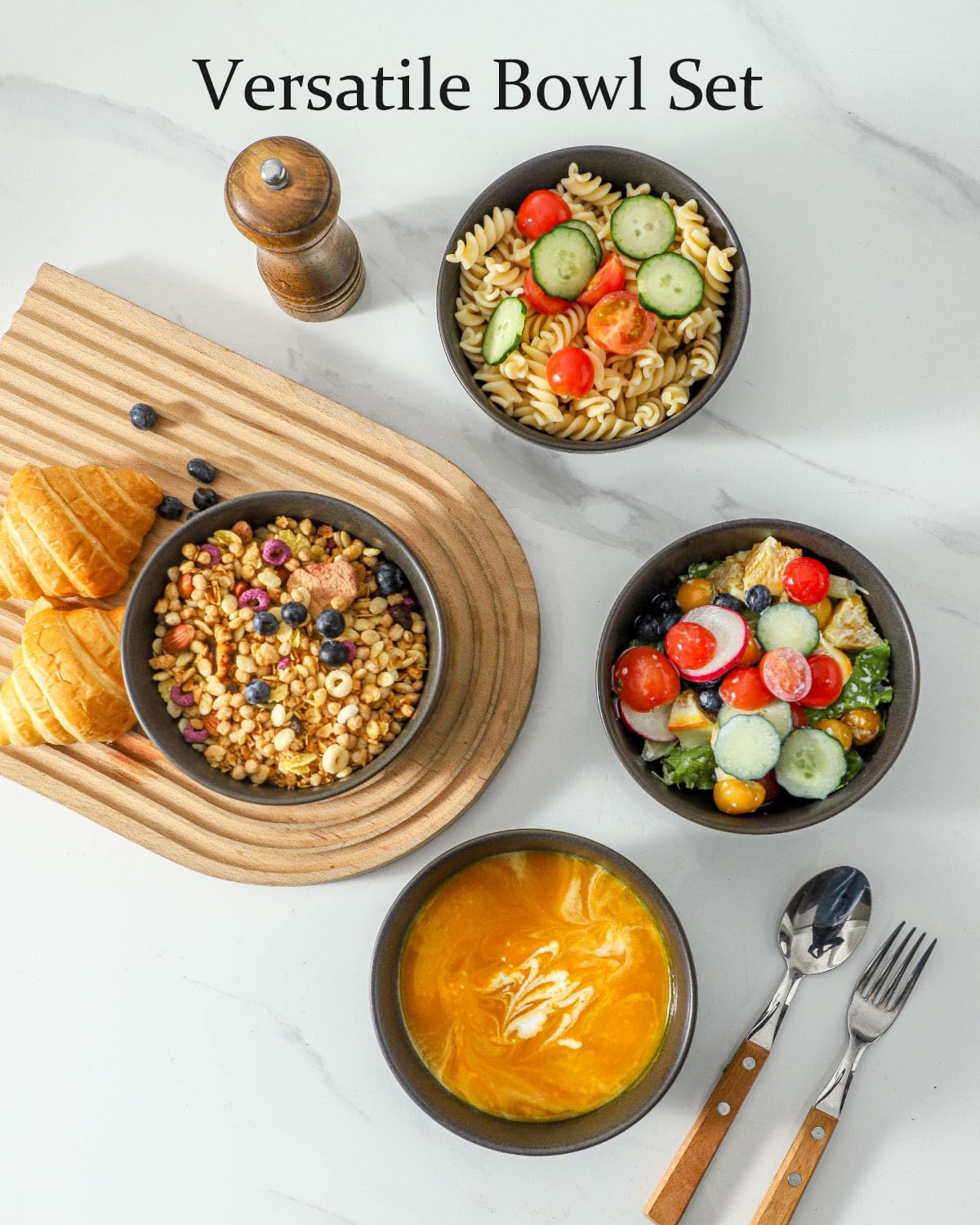 Tikooere Cereal Bowls, 24 oz Soup Bowls Set of 4, Ceramic Bowls Set for Salad, Fruit, Breakfast, Dessert, Stoneware Bowls for Kitchen, Dishwasher & Microwave Safe, Matte Black