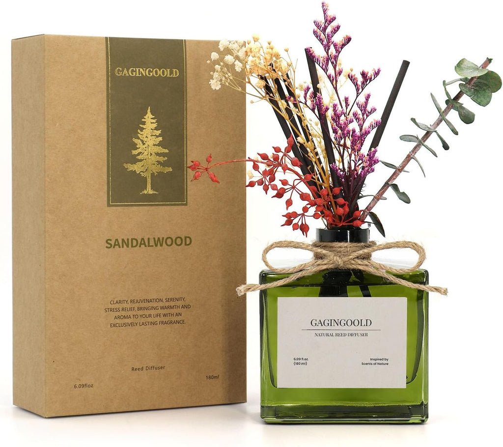 Reed | Earthy Sandalwood Scented Diffuser - 6.09 oz Long-Lasting Home Fragrance with Sticks & Dried Flowers