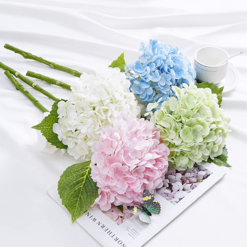 Waipfaru 21" Real Touch Green Hydrangea Artificial Flowers with Long Stem & Leaves, Full Latex Faux Hydrangea Flowers for Home Decor Party Floral Arrangements Wedding Bouquets Centerpieces, 5Pcs