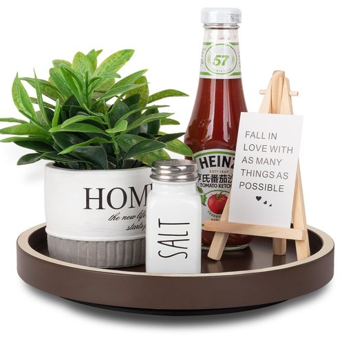 Lazy Susan Organizer for Table Top, Kitchen Countertop Organizer Wooden Lazy Susan Turntable for Cabinet, Spice and Soap Organizer Rack Bathroom Sink Tray for Vanity, 10 Inch, Brown Brushed Gold