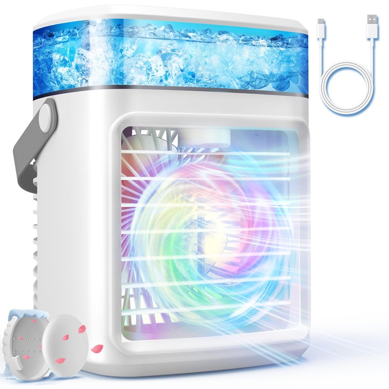 Rechargeable Portable Air Conditioner, 2200mAh 3 Powerful Speeds Mini Air Conditioner, Large Water Tank Evaporative Air Cooler, Personal Space Cooler Humidifier, Small Portable AC Fan for Home