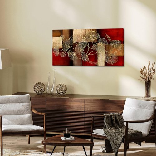 sechars Large Abstract Canvas Wall Art Golden Ginkgo Leaf Painting Artwork Modern Leaves Picture for Living Room Bedroom Decoration 24x48 Inch (Red)